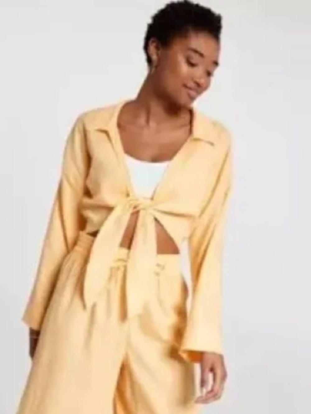 Women's linen Cropped Tie-Front Blouse in Pale Yellow Orange